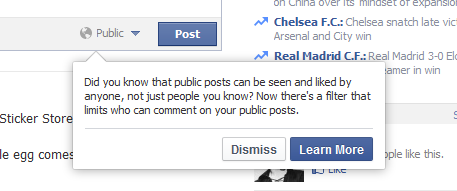 Facebook Popup: Did you know that public posts can be seen and liked by anyone, not just people you know? Now there's a filter that limits who can comment on your public posts