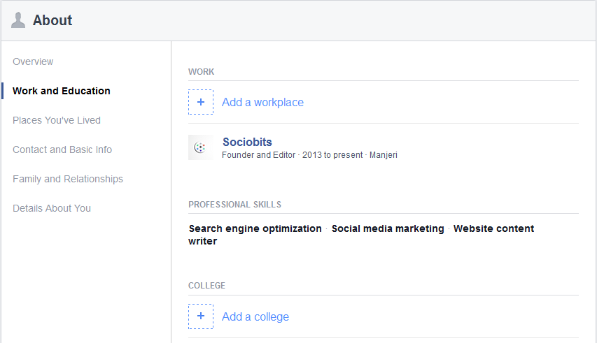 Facebook new about section