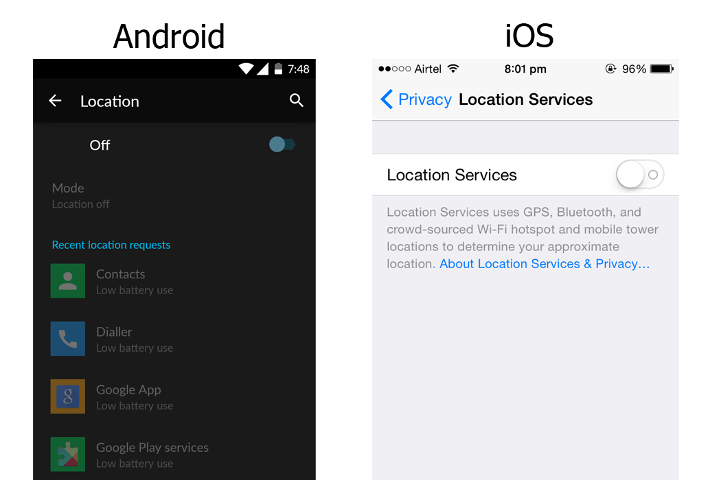 Turning off Location Services in Android and iOS