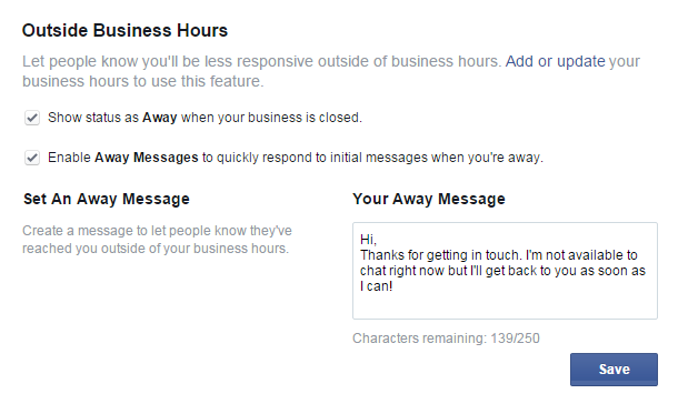 Facebook Page Messaging:  Outside Business Hours