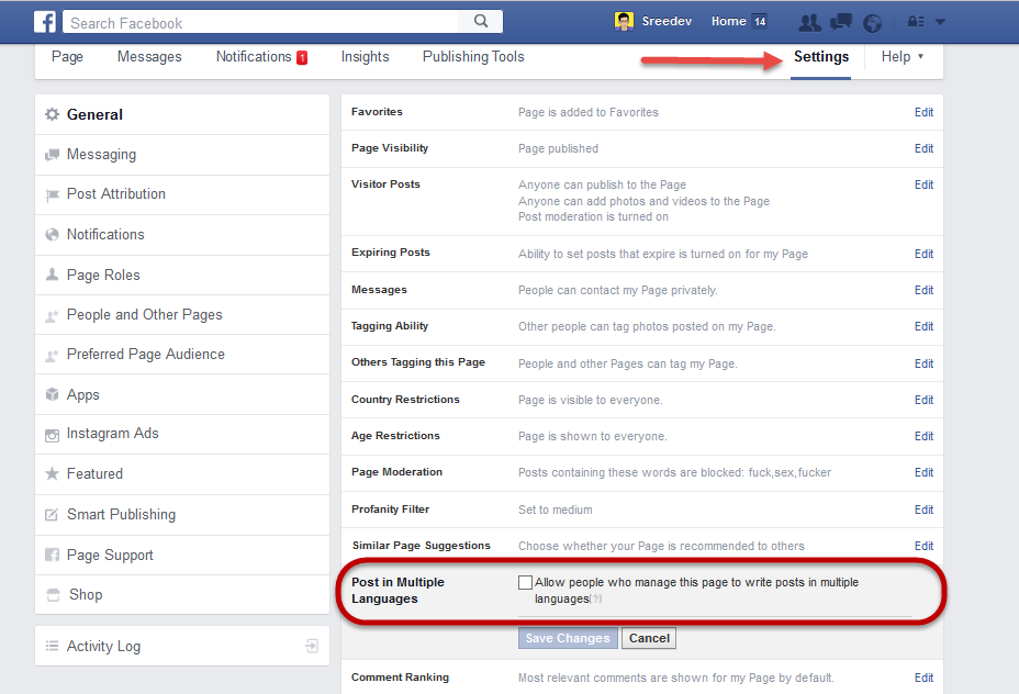 Publish posts in differnt languages oin Facebook - Settings